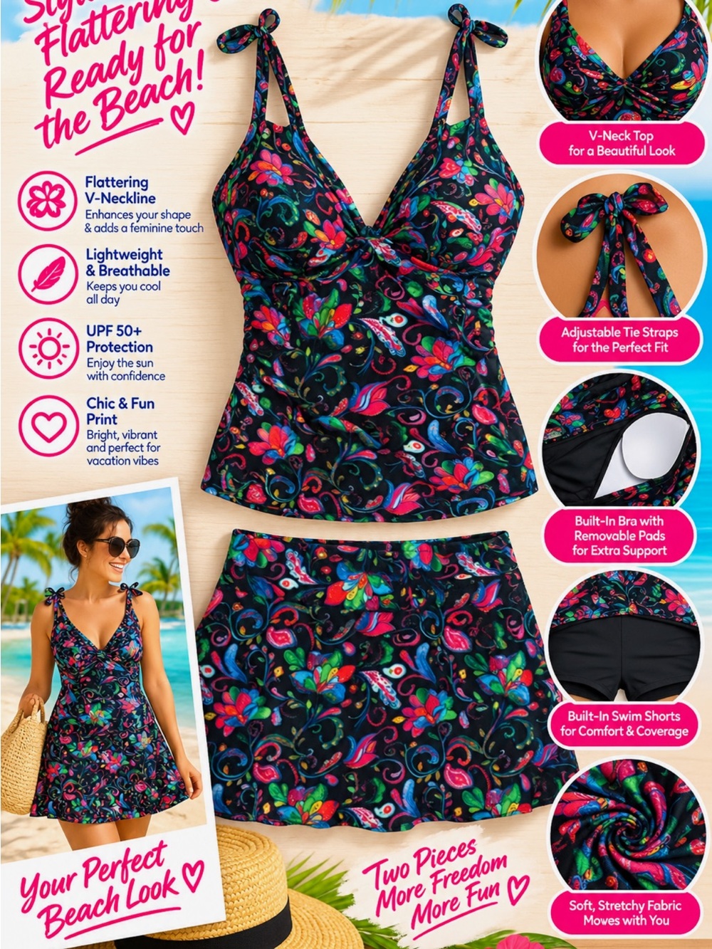 Women’s V-Neck Swim Pajama Set in Black Multi Floral